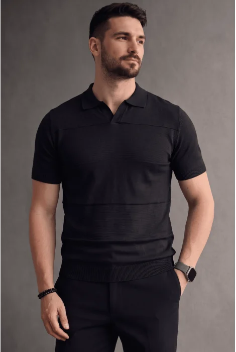 Erkek Açık Yaka Bloklu Triko Tişört Siyah Cd174