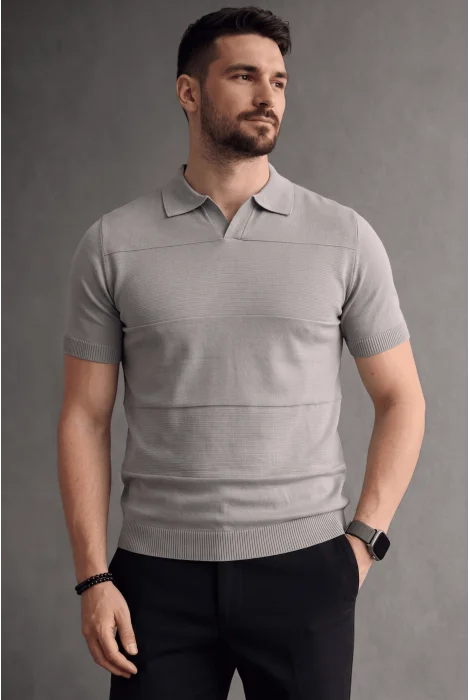 Erkek Açık Yaka Bloklu Triko Tişört Gri Cd174