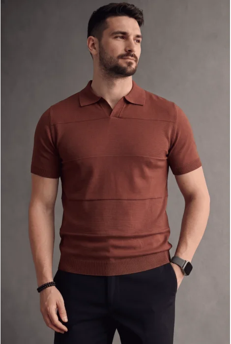 Erkek Açık Yaka Bloklu Triko Tişört Kiremit Cd174