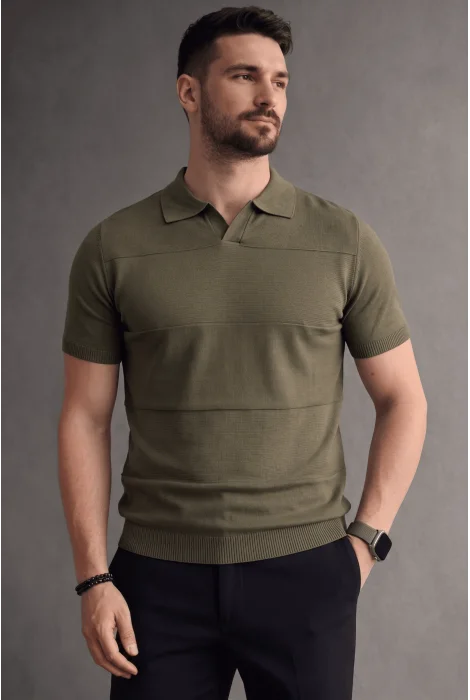 Erkek Açık Yaka Bloklu Triko Tişört Haki Cd174