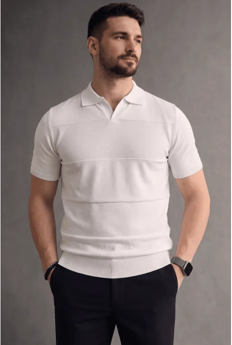 Erkek Açık Yaka Bloklu Triko Tişört Beyaz Cd174