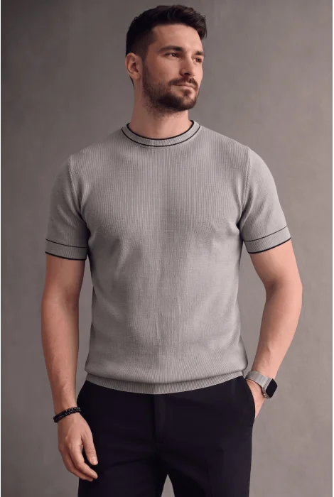 Erkek Bisiklet Yaka Çizgi Desenli Triko Tişört Gri Cd170