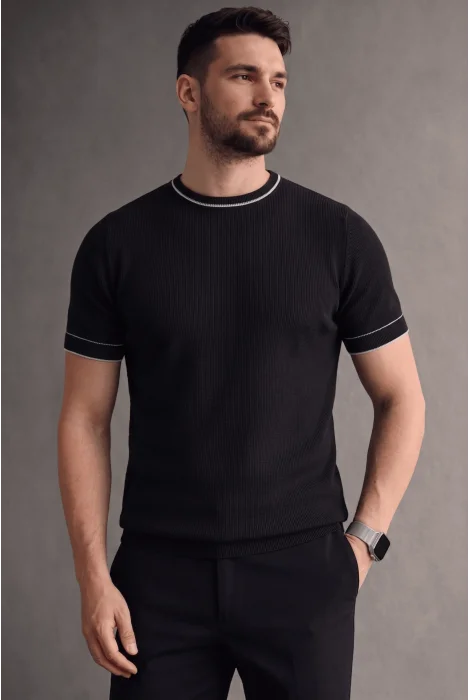Erkek Bisiklet Yaka Çizgi Desenli Triko Tişört Siyah Cd170
