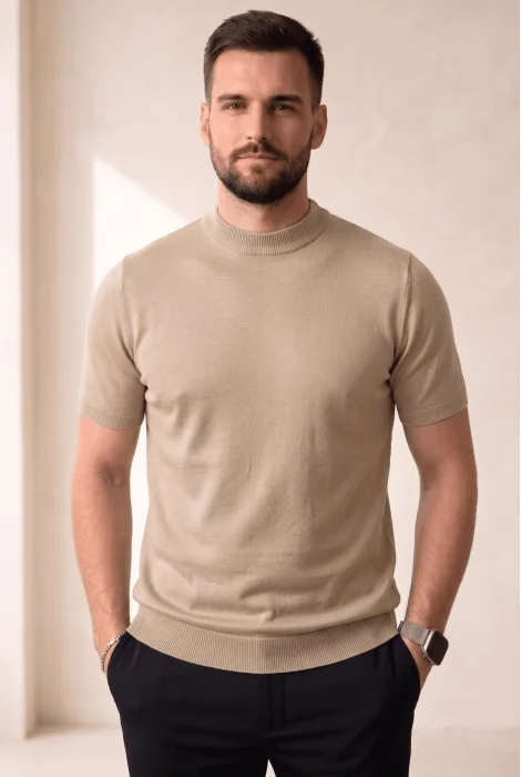 Erkek Düz Bisiklet Yaka Triko Tişört Vizon Cd169