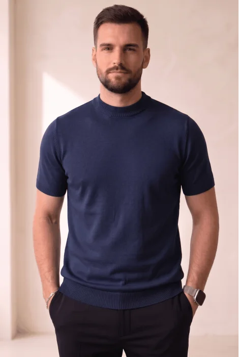 Erkek Düz Bisiklet Yaka Triko Tişört Lacivert Cd169