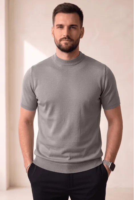 Erkek Düz Bisiklet Yaka Triko Tişört Gri Cd169