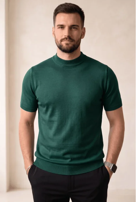 Erkek Düz Bisiklet Yaka Triko Tişört Yeşil Cd169