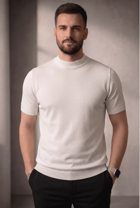 Erkek Düz Bisiklet Yaka Triko Tişört Beyaz Cd169