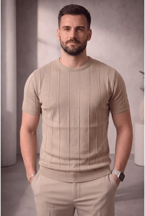 Erkek Bisiklet Yaka Triko Tişört Vizon Cd114