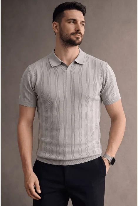 Erkek Açık Yaka Triko Tişört Gri Cd103