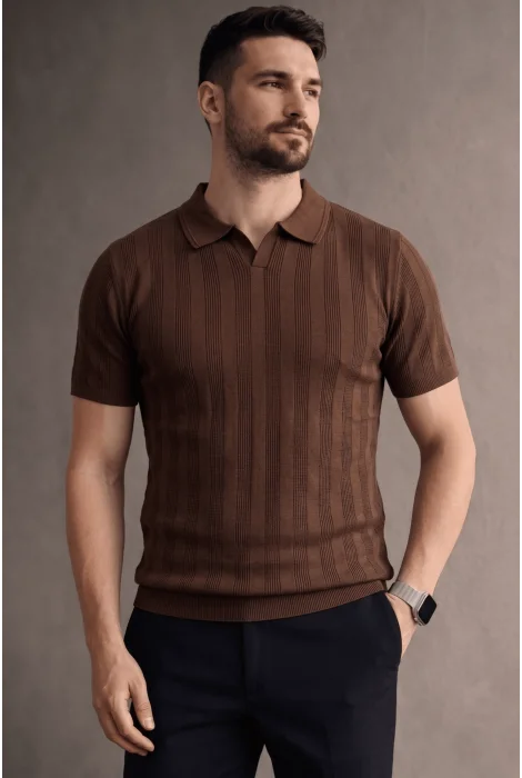 Erkek Açık Yaka Triko Tişört Kahverengi Cd103