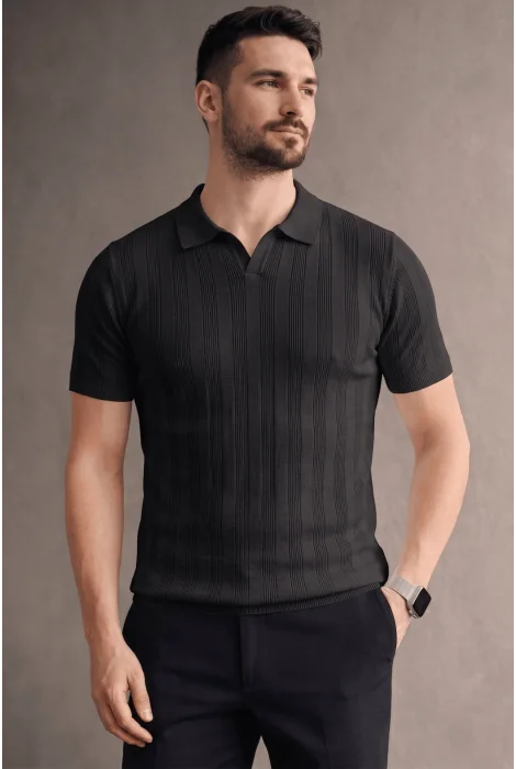 Erkek Açık Yaka Triko Tişört Siyah Cd103