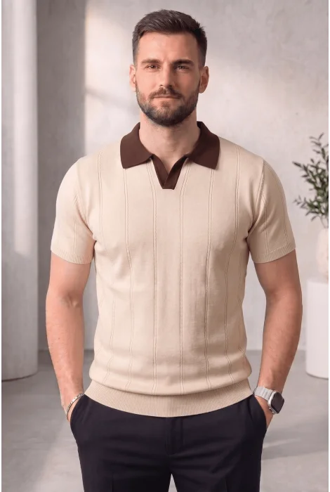 Erkek Yaka Desenli Triko Tişört Krem Cd165