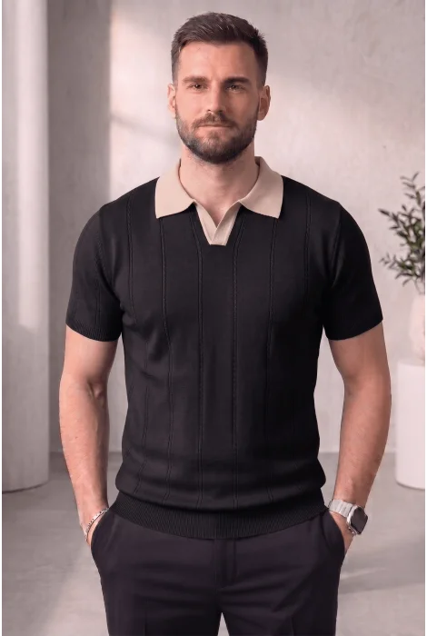 Erkek Yaka Desenli Triko Tişört Siyah Cd165