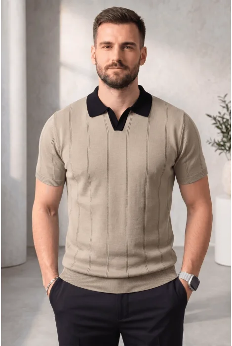 Erkek Yaka Desenli Triko Tişört Vizon Cd165