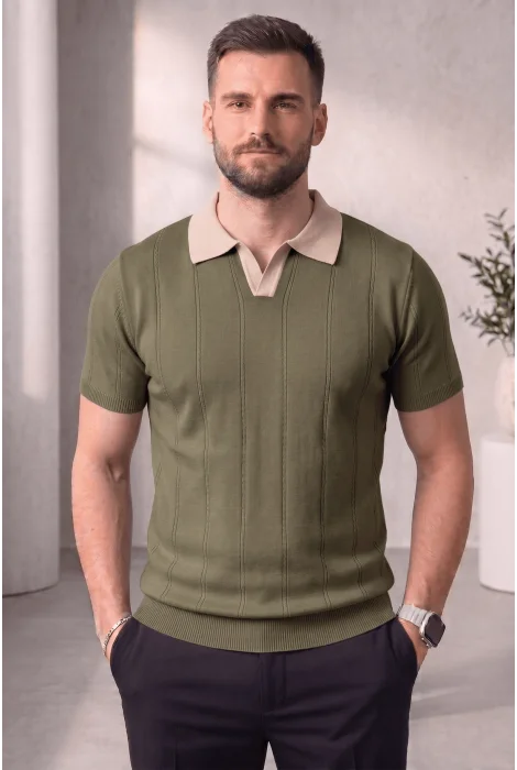 Erkek Yaka Desenli Triko Tişört Yeşil Cd165