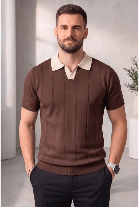 Erkek Yaka Desenli Triko Tişört Kahverengi Cd165