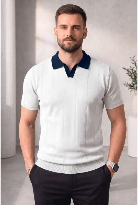 Erkek Yaka Desenli Triko Tişört Beyaz Cd165