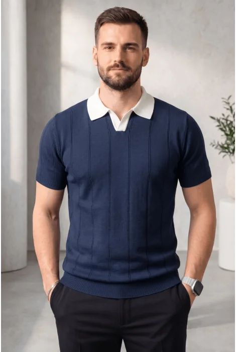 Erkek Yaka Desenli Triko Tişört Lacivert Cd165