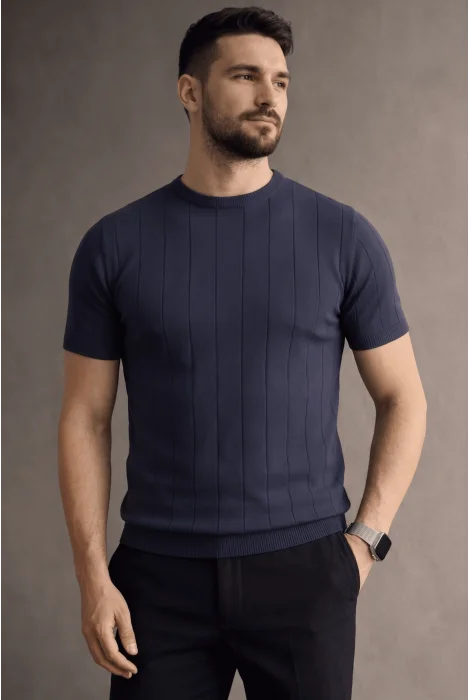 Erkek Bisiklet Yaka Çizgili Triko Tişört Lacivert Cd163