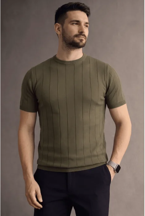 Erkek Bisiklet Yaka Çizgili Triko Tişört Yeşil Cd163