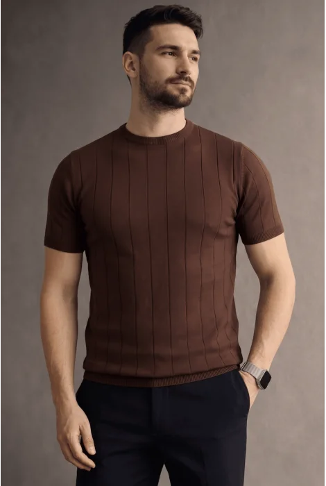 Erkek Bisiklet Yaka Çizgili Triko Tişört Kahverengi Cd163