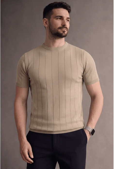 Erkek Bisiklet Yaka Çizgili Triko Tişört Vizon Cd163