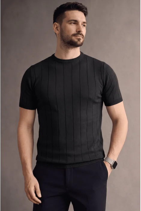 Erkek Bisiklet Yaka Çizgili Triko Tişört Siyah Cd163