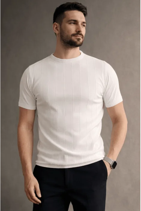 Erkek Bisiklet Yaka Çizgili Triko Tişört Beyaz Cd163