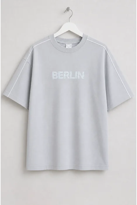 Erkek Pamuklu Berlin Baskılı Tişört Gri Cd183