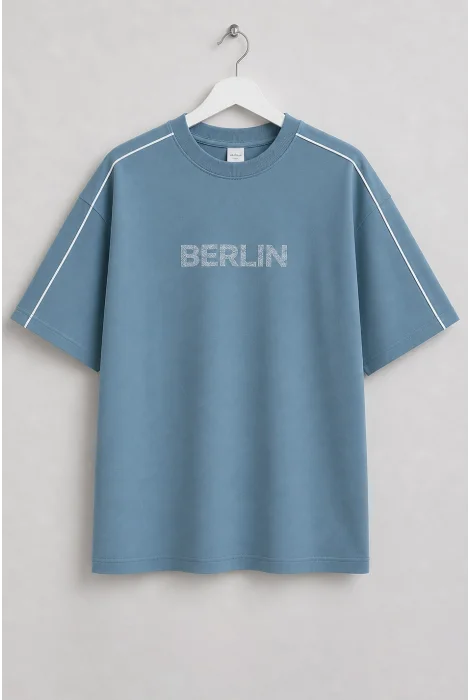 Erkek Pamuklu Berlin Baskılı Tişört Mavi Cd183