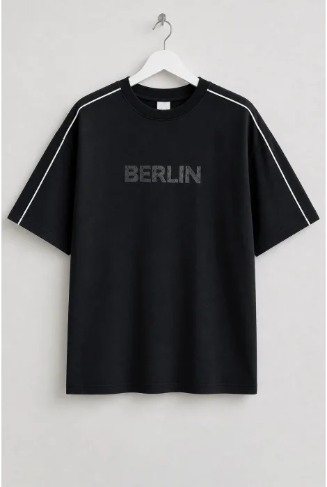 Erkek Pamuklu Berlin Baskılı Tişört Siyah Cd183