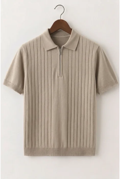 Erkek Çizgi Desenli Polo Yaka Triko Tişört Vizon Cd168