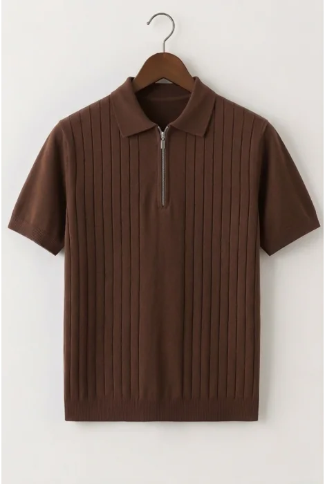 Erkek Çizgi Desenli Polo Yaka Triko Tişört Kahverengi Cd168