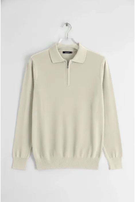 Erkek Düz Desen Fermuarlı Kazak Krem Cd134