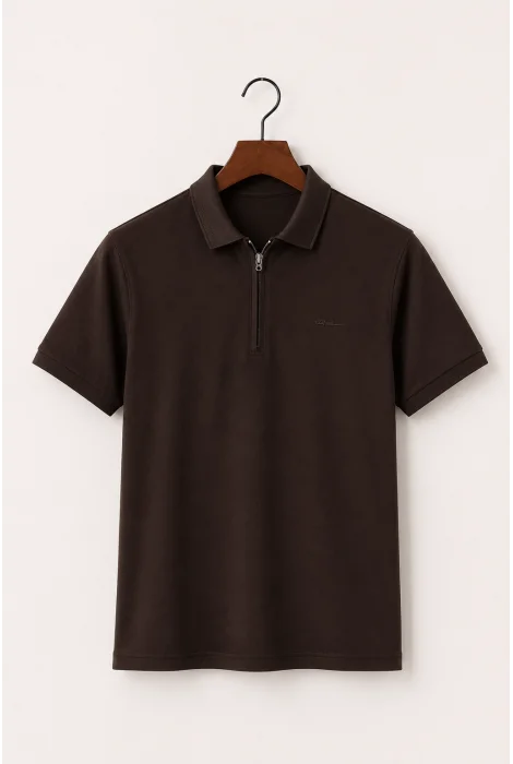 Erkek Fermuarlı Polo Yaka Tişört Kahverengi Cd188
