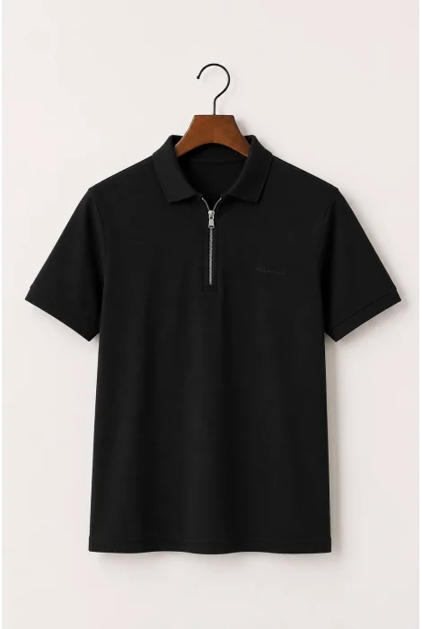 Erkek Fermuarlı Polo Yaka Tişört Siyah Cd188