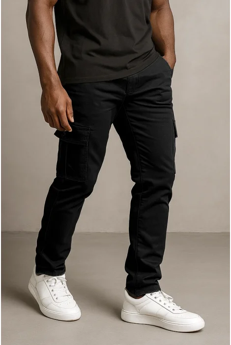 Erkek Kargo Cepli Beli Düğmeli Pantolon Siyah Cd102