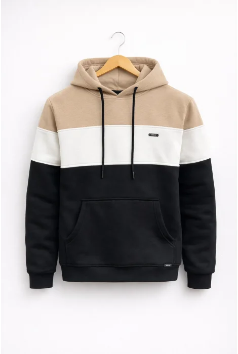 Erkek Slim Fit Renk Bloklu Sweatshirt Vizon Cd149