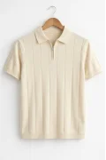 Erkek Polo Yaka Çizgili Triko Tişört Krem Cd171
