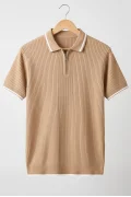 Erkek Polo Yaka Çizgili Tişört Açık Kahverengi Cd177