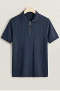 Erkek Çizgi Desenli Polo Yaka Triko Tişört Lacivert Cd168