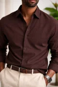 Erkek Keten Görünümlü Pamuklu Gömlek Acı Kahve Cd158