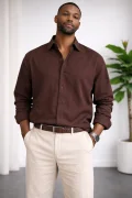 Erkek Keten Görünümlü Pamuklu Gömlek Acı Kahve Cd158