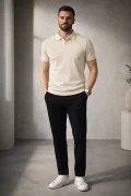 Erkek Açık Yaka Düz Triko Tişört Krem Cd167