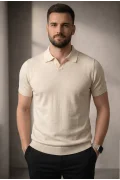 Erkek Açık Yaka Düz Triko Tişört Krem Cd167