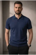 Erkek Açık Yaka Düz Triko Tişört Lacivert Cd167