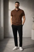 Erkek Açık Yaka Düz Triko Tişört Kahverengi Cd167
