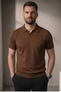 Erkek Açık Yaka Düz Triko Tişört Kahverengi Cd167