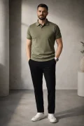 Erkek Açık Yaka Düz Triko Tişört Açık Yeşil Cd167
